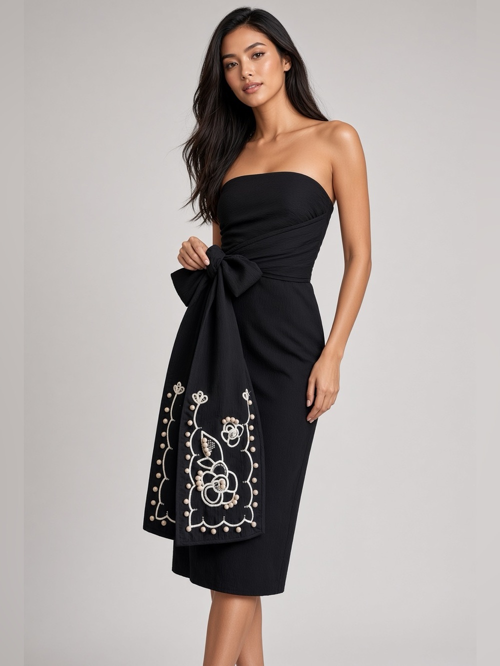 NWT Lela Rose Black Textures Strapless Dress Floral Pom Pom Wrap Belt 8